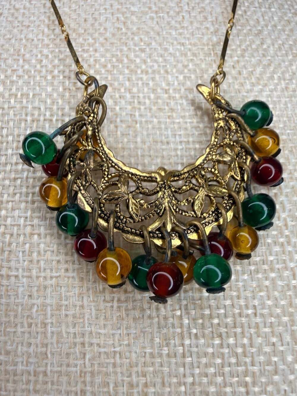 Vintage Gold Tone Filigree Crescent 15 Inch Necklace